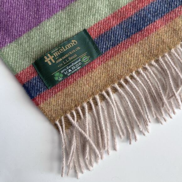 Vintage LL Bean John Hanley Scarf 100% Lambswool Stripes Gray Fringe Ireland - Picture 6 of 10
